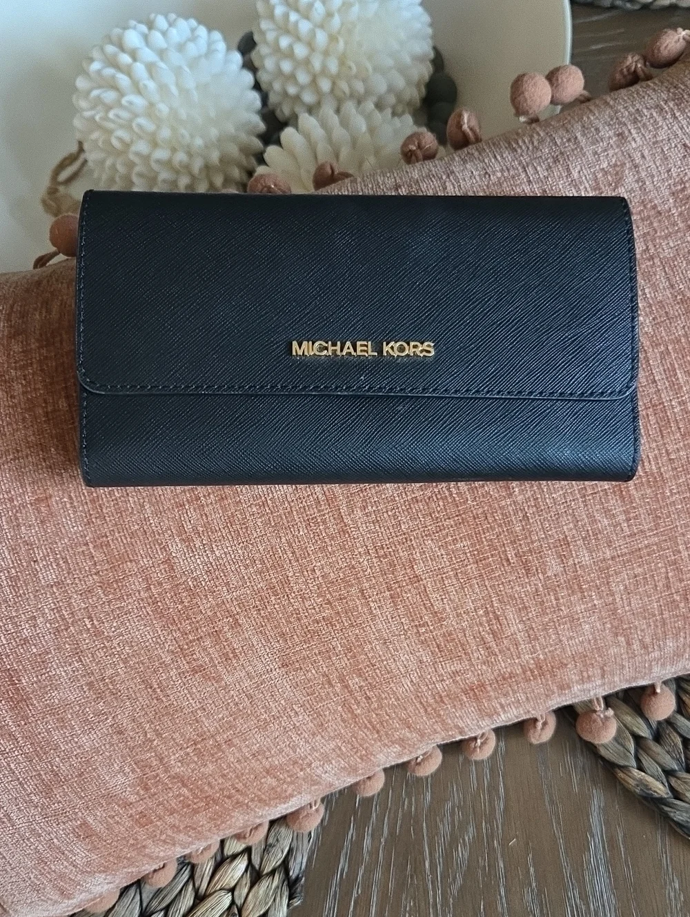 Michael Kors Black Saffiano Leather Trifold Wallet with Gold Logo